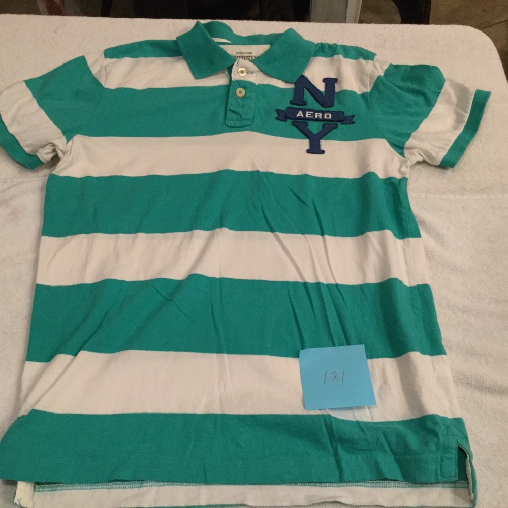 Aeropostale Teal Green White Striped Polo Shirt - Size Medium - Excellent